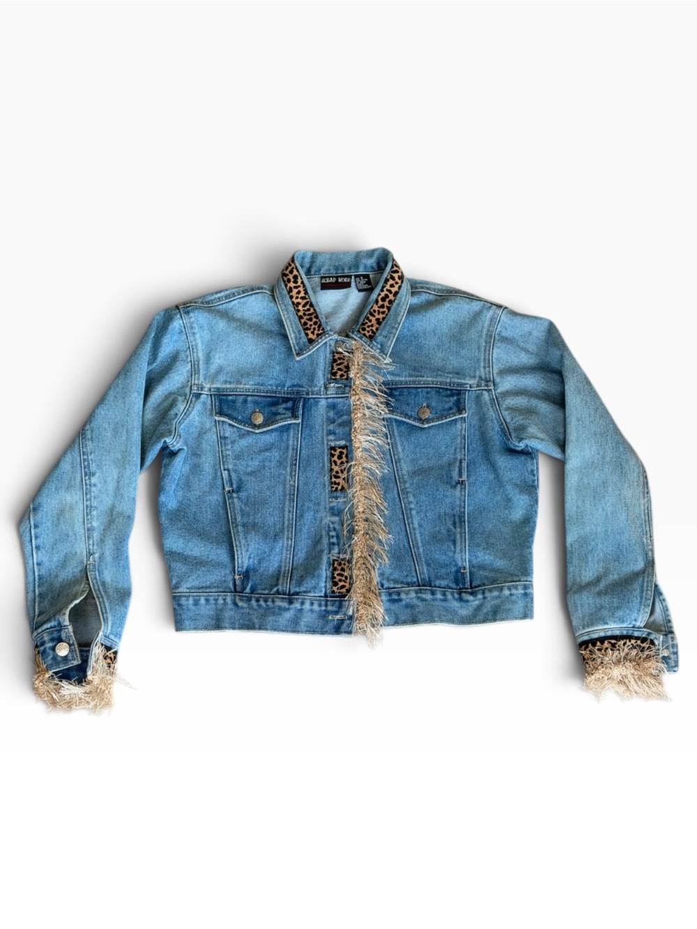 Scrap Work Denim Jacket Size Small Leopard Fringe Western Y2K Cowgirl